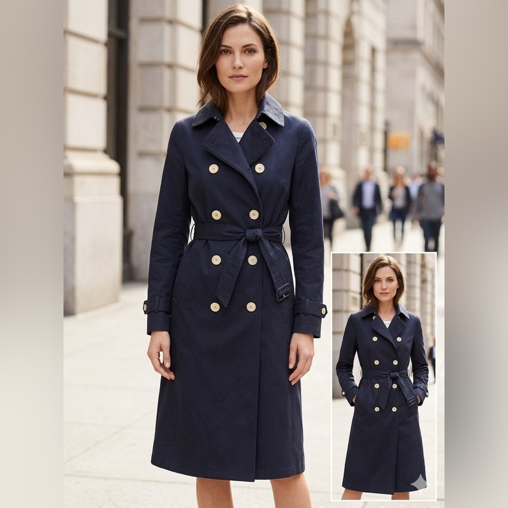 Authentic Coach Navy Double-Breasted Belted Trench Coat XS